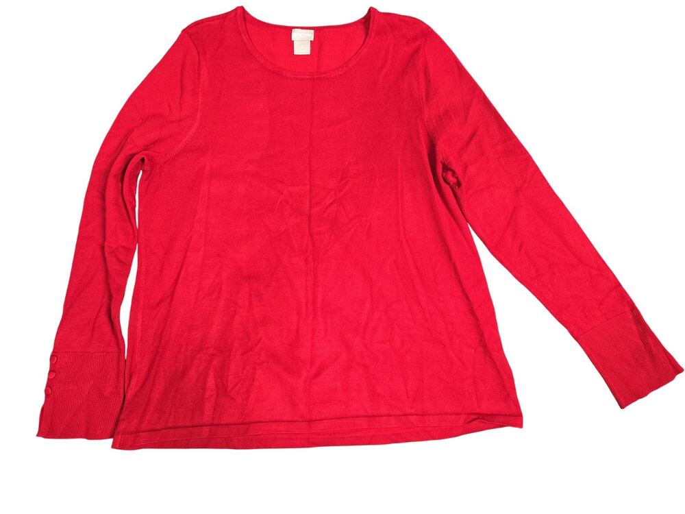 Chico's Sweater Womens Large Red Button Cuff Lightweight Crewneck Knit